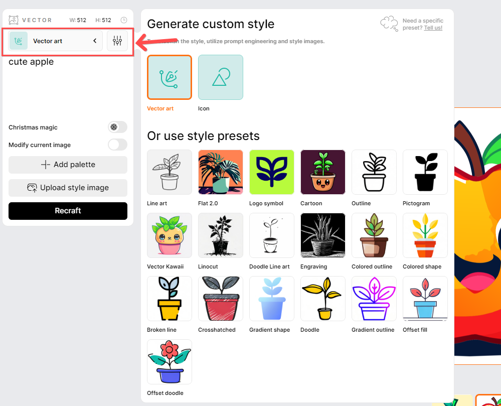 在 Recraft AI 點選左上方「Vector Art」選項，可選擇「Vector Art」或 「Icon」。e、Doodle、插圖等多種風格。