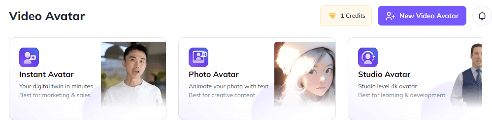 HeyGen 提供三個不同虛擬數字人款式，Instant Avatar、Photo Avatar 及 Studio Avatar。