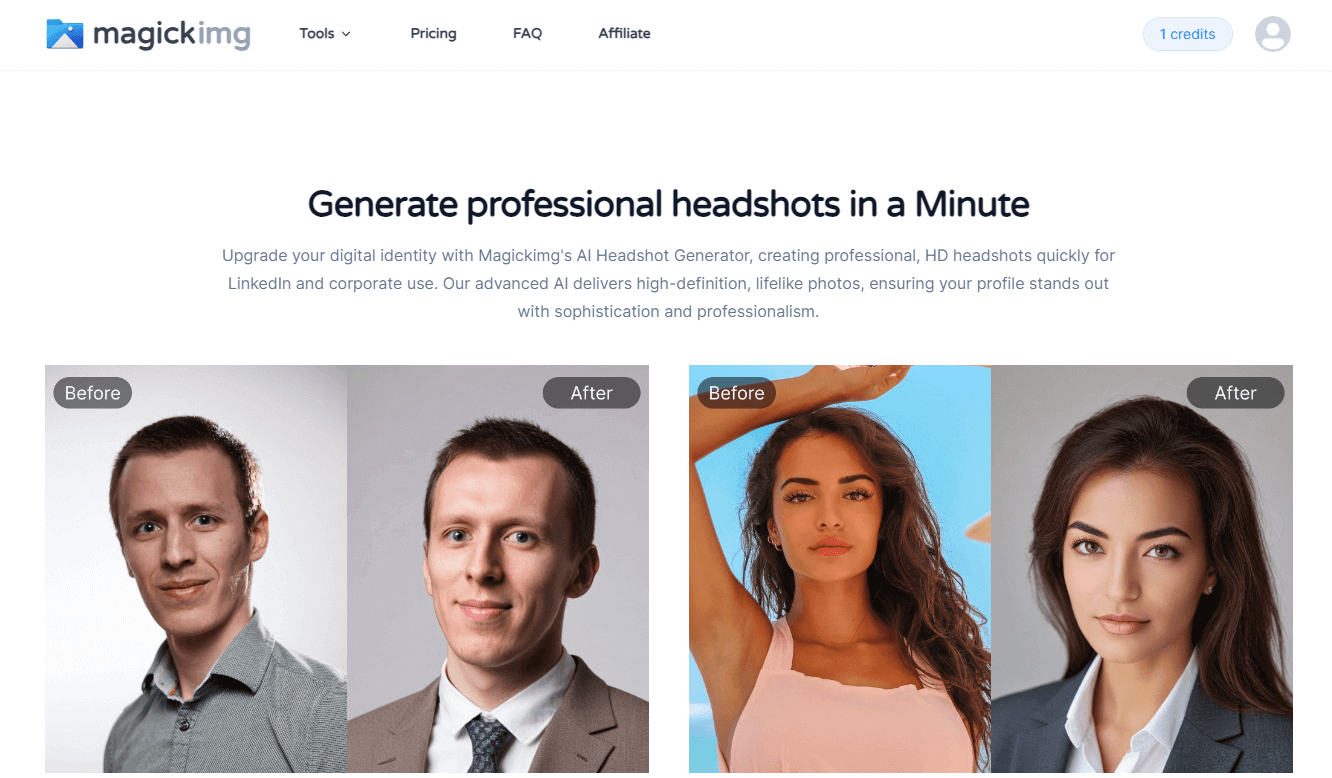 Magickimg AI Headshot Generator 是一款 AI 專業頭像生成器。用戶只需上傳照片，一分鐘內生成專業頭像，無需任何攝影或影像處理經驗。無論是個人LinkedIn、求職履歷或商業形象展示，AI Headshot Generator 都能生成專業頭像。