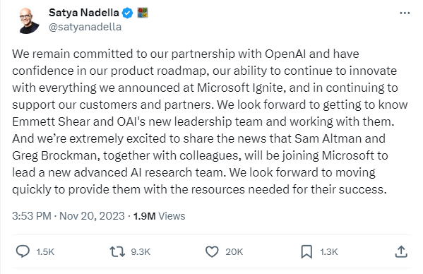 Microsoft CEO Satya Nadella 在 社交媒體 X 上表示，Sam Altman、Greg Brockman 及其同事將加入 Microsoft 領導一個新的 AI 團隊。