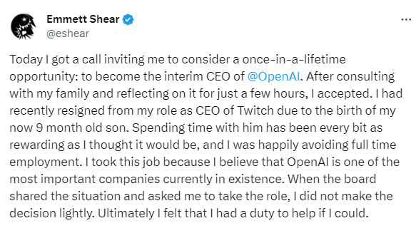 Twitch 前 CEO 及聯合創辦人 Emmett Shear 在 社交媒體 X 上表示，受 Open AI 董事會邀請，將擔任 Open AI 臨時執行長。 