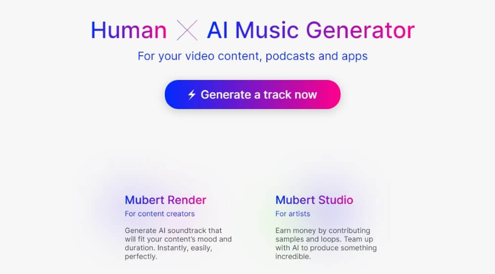 Mubert 是一個線上 Al 生成音樂工具網站。輸入提示詞及音樂長度即可生成音樂。