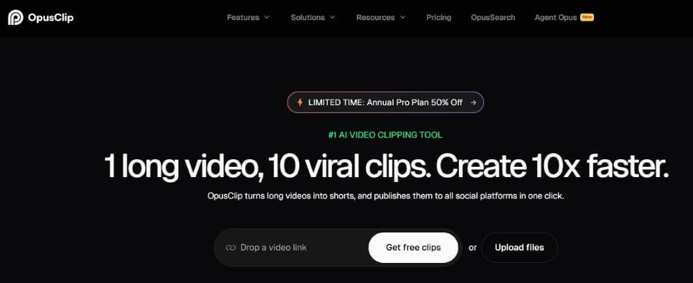 OpusClip 是一款AI 影片剪輯工具，它自動偵測影片中的精華、重構畫面、加上動態字幕，1 個長影片，轉化成 10 個病毒性剪輯，整個流程一氣呵成，。